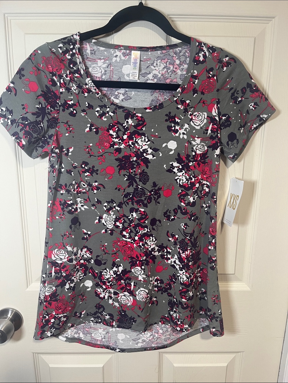 LuLaRoe Olive Scoop Neck Top with Red, White & Black Floral Print